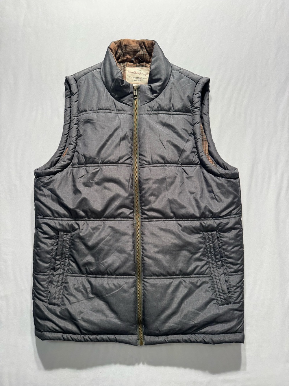 Weatherproof Men's Quilted Gray Vest with Plaid Interior